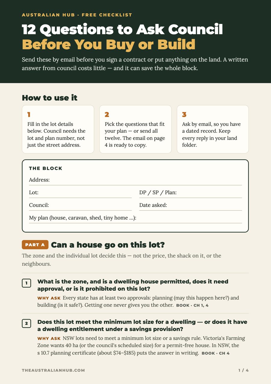 Page 1 of the free checklist: 12 Questions to Ask Council Before You Buy or Build