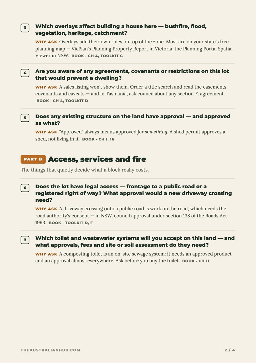 Page 2 of the checklist: questions about lot size, overlays, covenants and existing structures